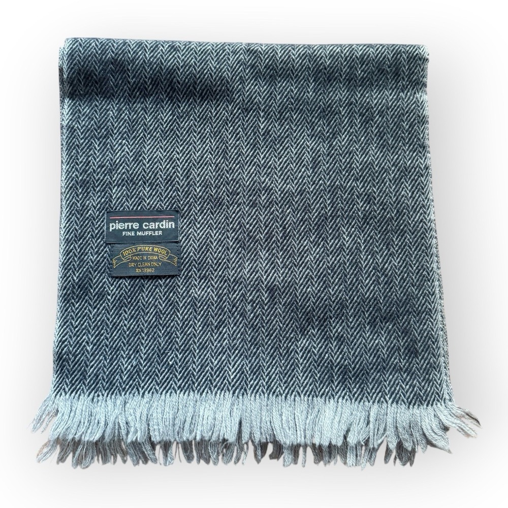Vintage Pierre Cardin Fine Muffler Scarf 100% Pure Wool Gray Herringbone Fringe